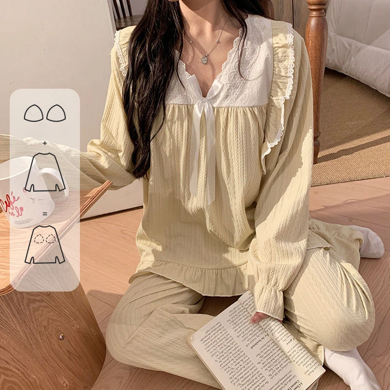 

Women Spring Pajamas with Breast Cushion Solid Color Sexy Sweet Pyjamas Lace Long Sleeve Nightgown Set Lacework Bow Sleepwear