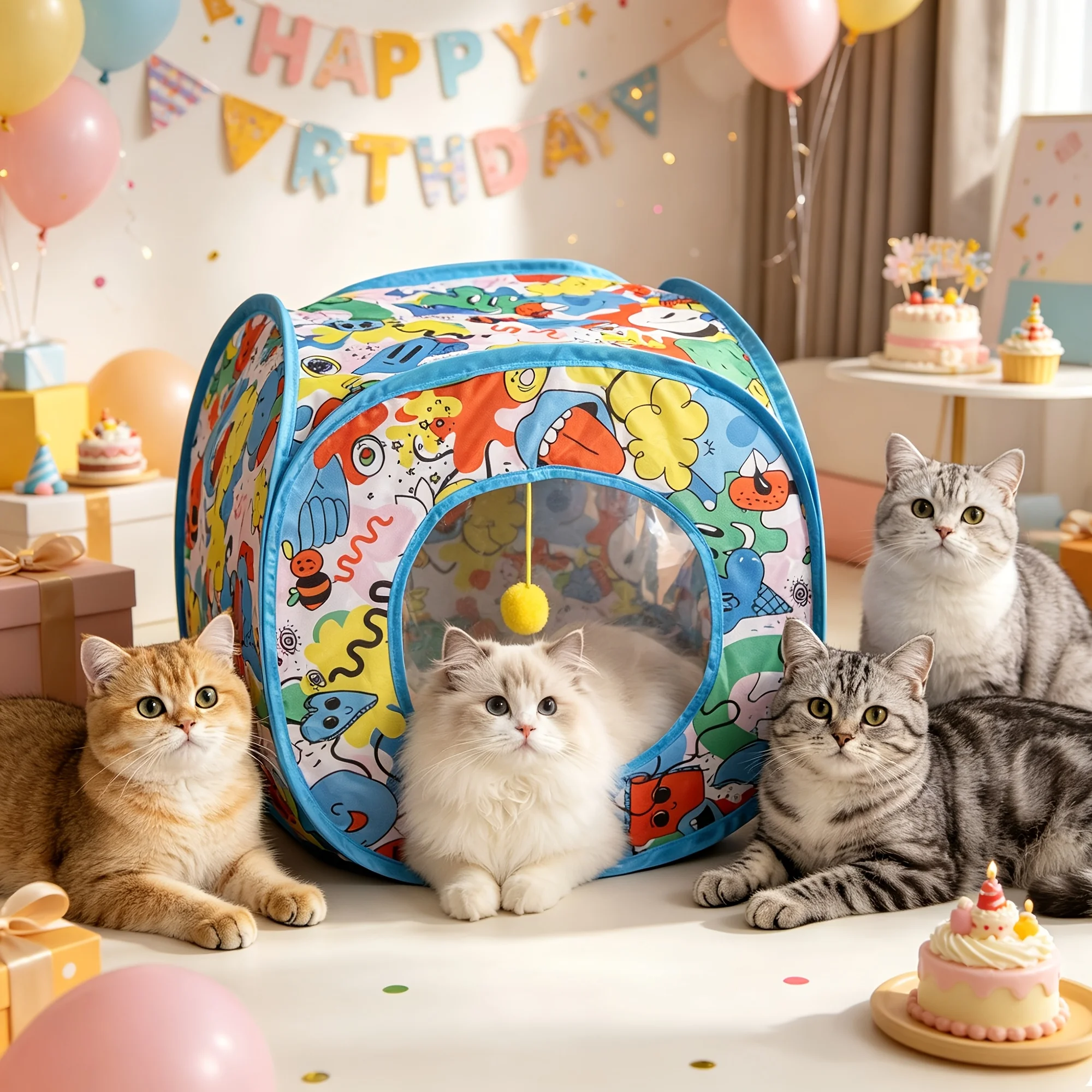 Multi Shape Cat Bed Cartoon Pet Nest Foldable Cat Channel Teasing Ball Toy Cute Play House For Kittens Indoor Fun Toy Home