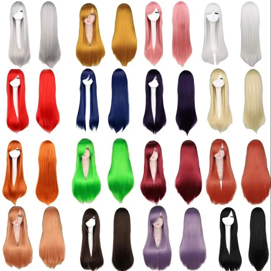 

ПРИХОДНЫЙ W 80 см длинные синтетические белые фиолетовые парики для косплея зеленые волосы прямой серебряный парик с челкой розовый шиньон парик Лолита