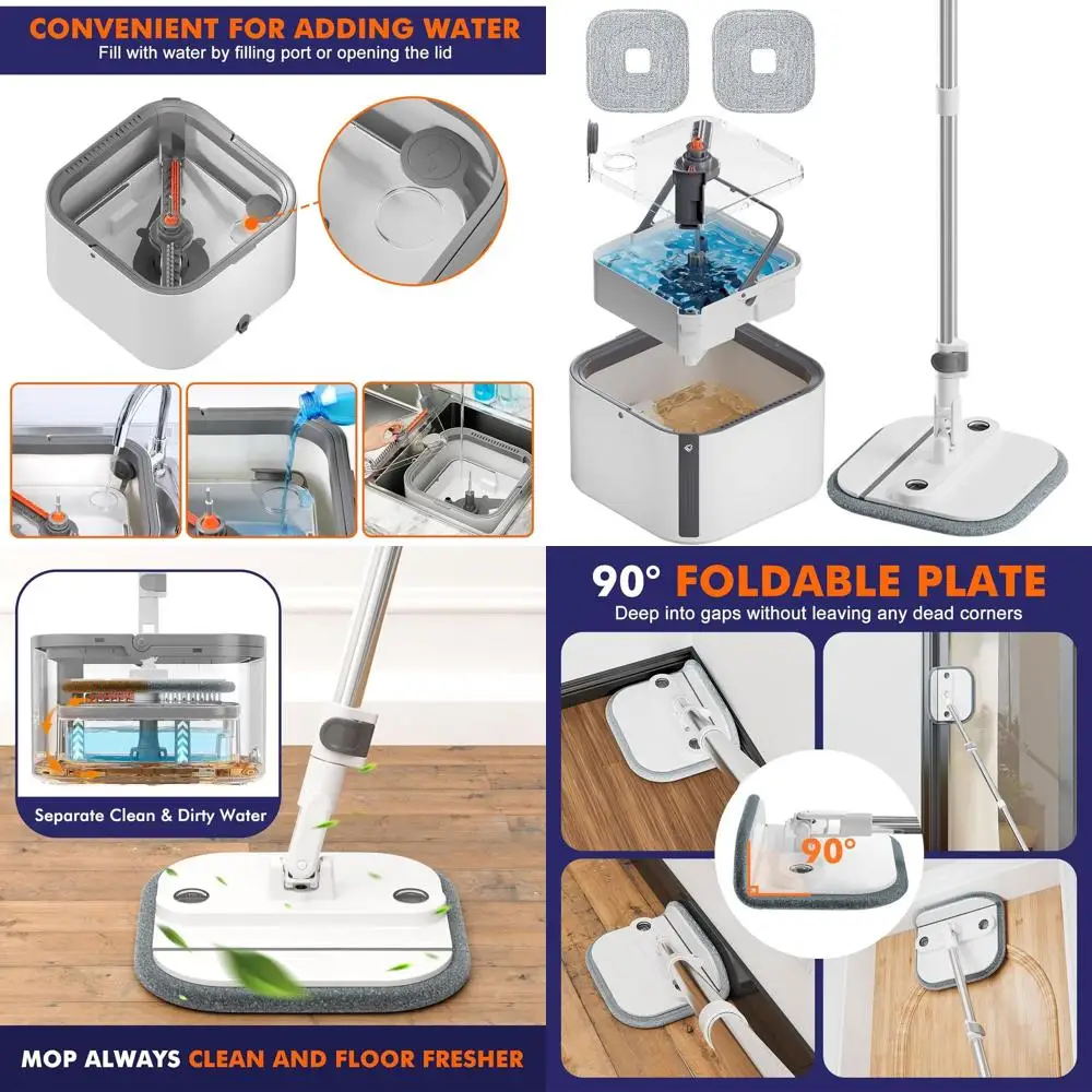 

Self-Standing Spin Mop with Detachable Bucket, 90° Foldable Head, Triple Scrub for Hardwood Floors - White, 2 Pads