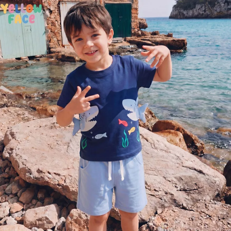 26 Spring Summer Cartoon Boys Toddler 2piece Set Outfit Round Neck Short Sleeve Pants Cute Shark Print Children Kid 3-12 Years