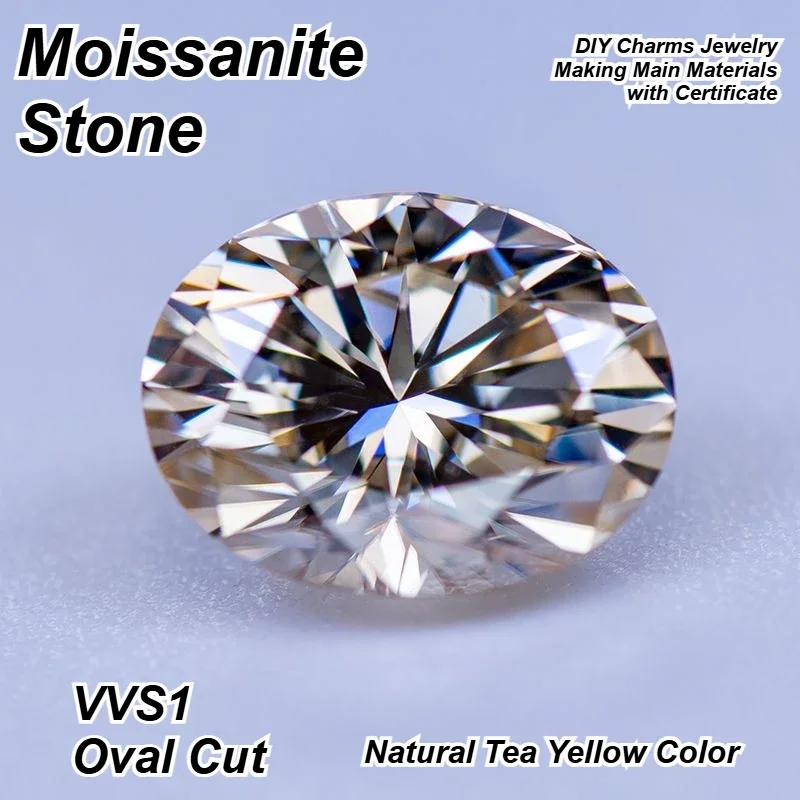 Hot Sale Moissanite Stone Oval Cut Natural Tea Yellow Color VVS1 DIY Charms Jewelry Making Main Materials with Certificate