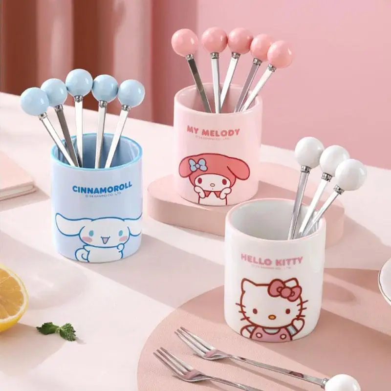 

New Sanrio Hello Kitty Fruit Fork Kawaii My Melody Cinnamoroll Cartoon Dessert Fork Cute Ceramic Storage Jar Household Tableware