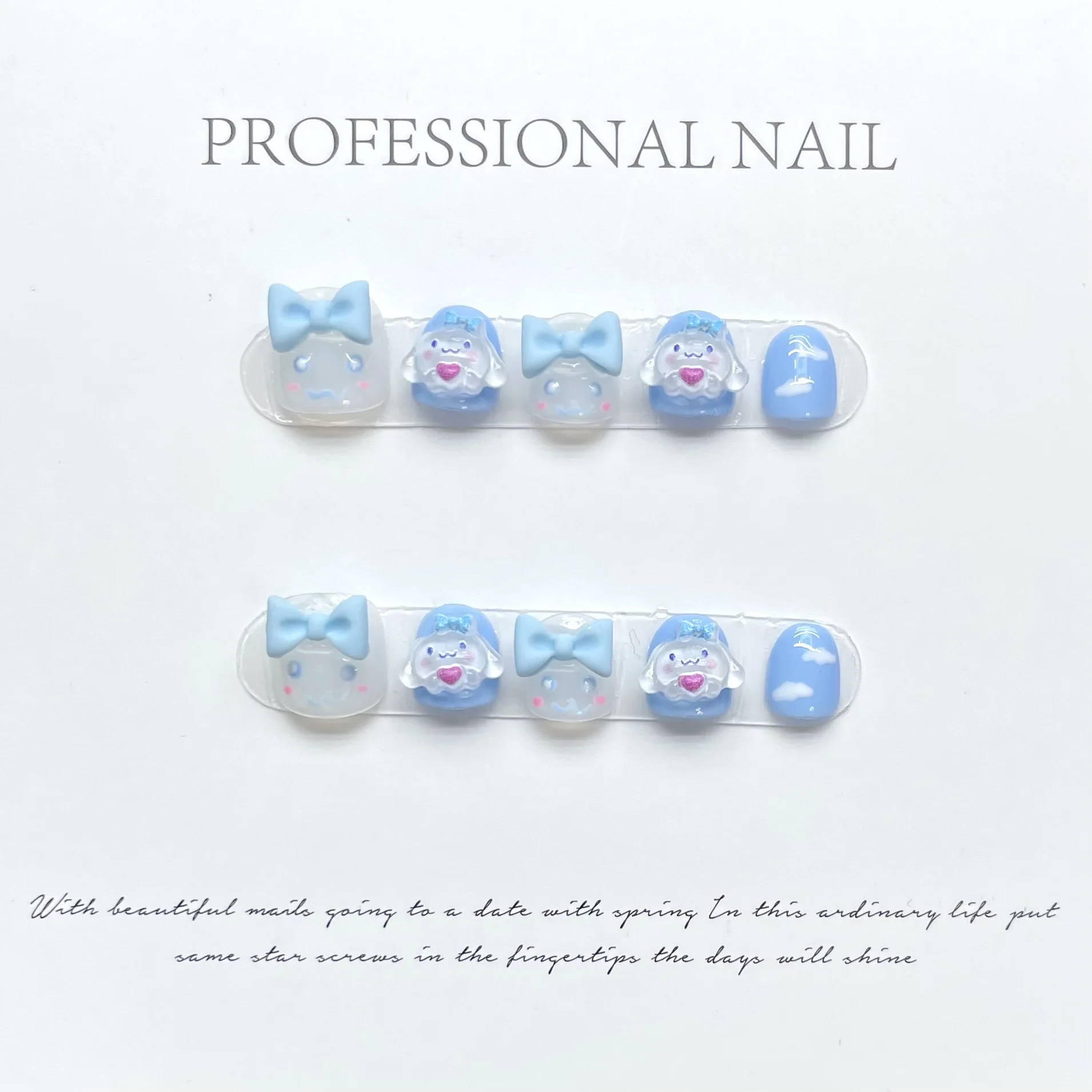 

Kid's Handmade Nails Press on Full Cover Manicuree Blue Puppy False Nails Wearable Artificial With Tool Kit