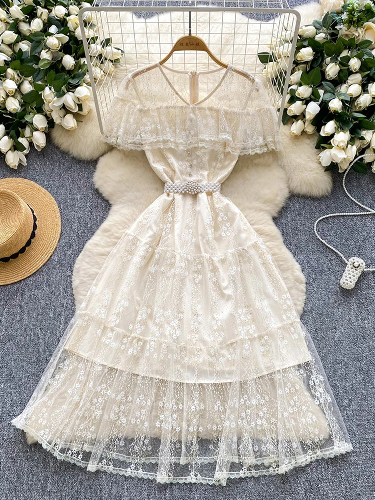 

Summer Birthday Party Elegant Women's Dress New Apricot Lace Ruffle Splicing Waist Cinching Short Sleeved Exquisite Dress S63