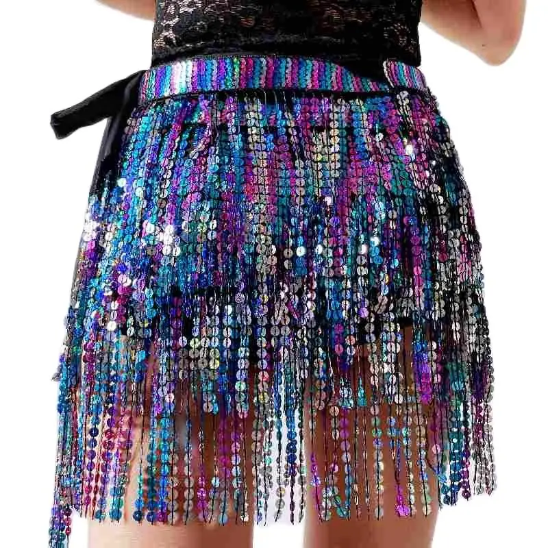 Cintura con frange di danza del ventre sciarpa con paillettes vestito da Festival gonna da ballerina multicolore abbigliamento da spiaggia vestito Rave discoteca Sexy