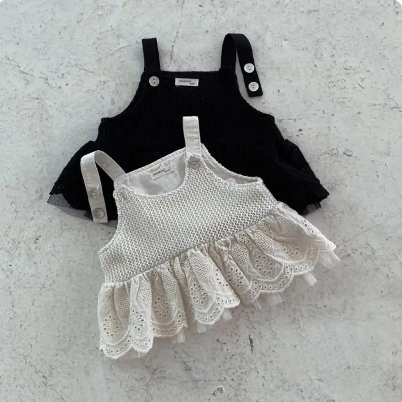 

2025 Autumn New Baby Girl Sleeveless Sling Vest Solid Kids Girls Lace Shirts Infant Cotton T Shirts Cute Toddler Casual Tops