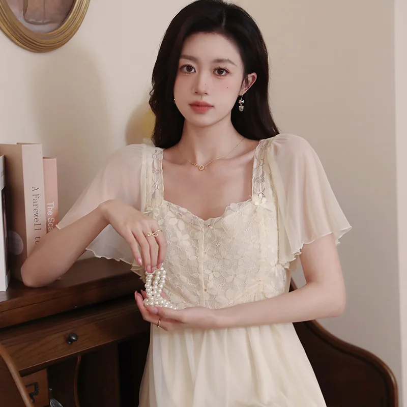 Sweet Summer Mesh Nightdress Fairy Lace Women Short Sleeve Nightwear Sexy Long Solid Color Nightgown Casual Princess Sleepwear