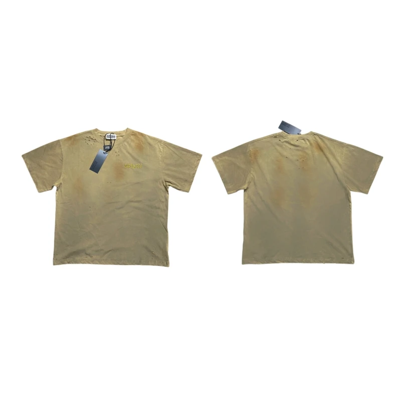Summer Cotton Satoshi T-Shirt Wash Brown Black Damaged Hole T-Shirt Classic Logo Embroidery Tee