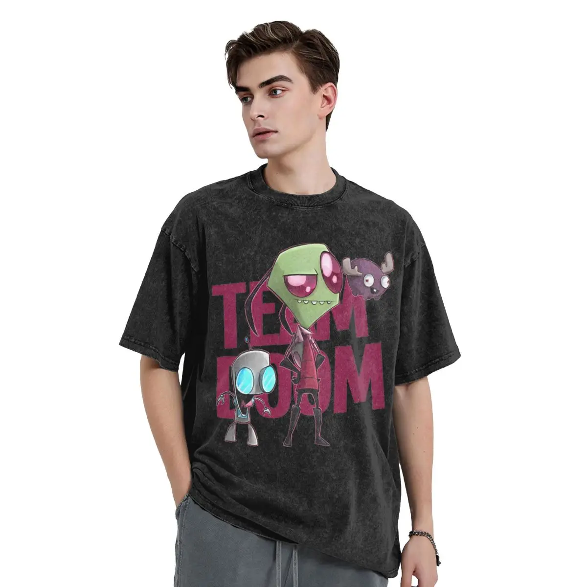 Team Doom Washed T Shirts Hip Hop Novelty T-Shirts Invaders Zims Video Game Tees Tops for Men Women Short Sleeve Harajuku Summer