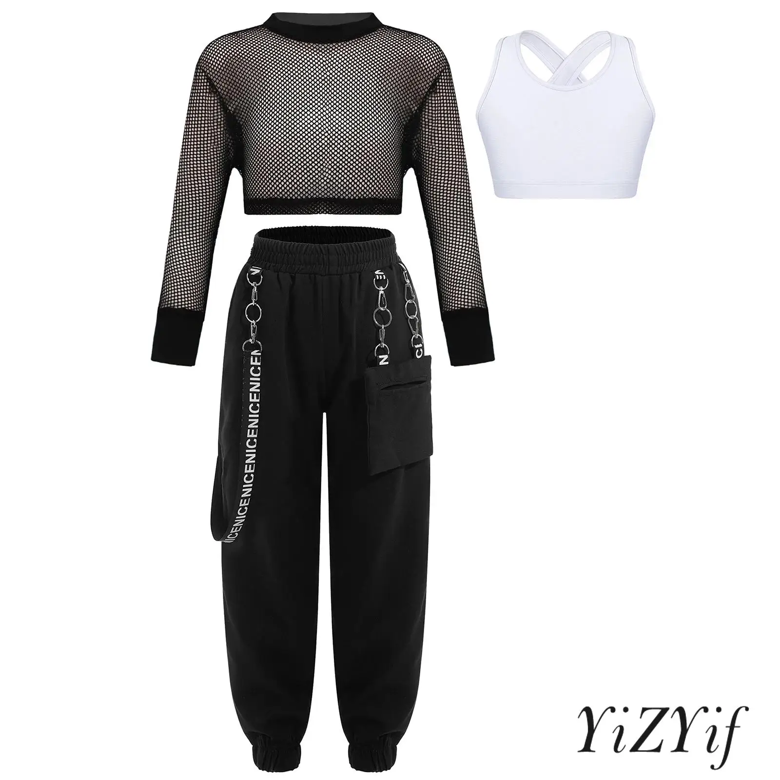 Girls 3 Pieces Cross Back Sleeveless Vest with Cargo Pants and Mesh Long Sleeve Crop Top for Hip-hop Jazz Dance Performance