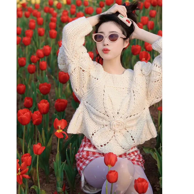 Women Handmade Hollow-out  Lantern Sleeve Floral Wool-blend Vintage Sweater 2024 Spring New In