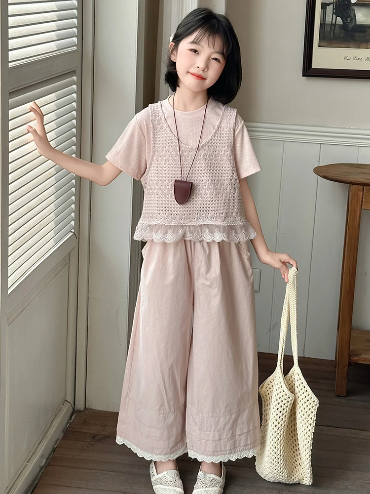 

Girls Casual Summer Faion Set 2025 New Sle ort Sve Wide Leg Pants Tee Piece Trendy Cotton Outfit for Young Women