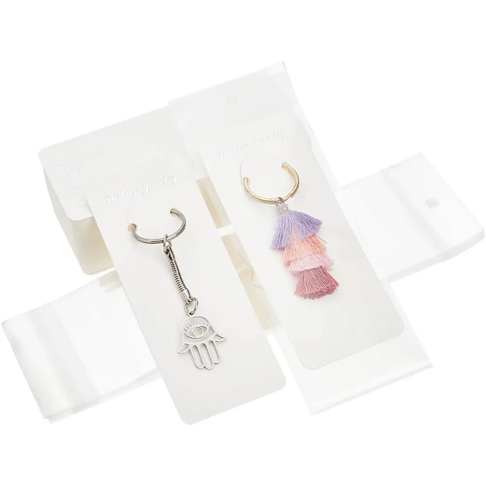 100 Sets Long Keychain Display Cards with Self-Sealing Bags, 4.7 x 2 Inch White Paper Keyring Display Holder Keychain Cards