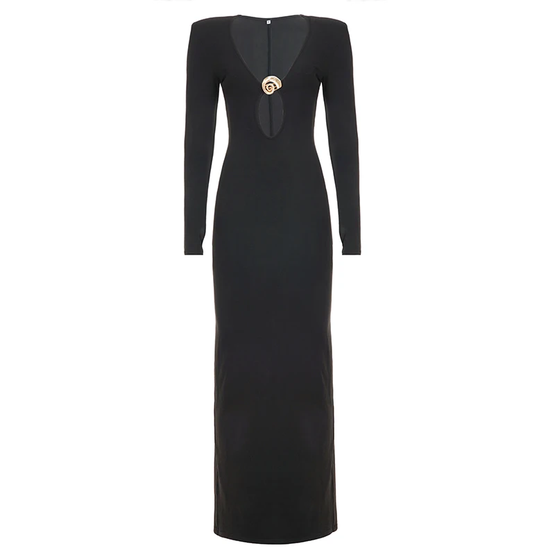 ชุดเดรสยาวทรงเข้ารูป คอวีลึก แขนยาว แต่งห่วงโลหะ ดีไซน์เว้าข้าง เซ็กซี่ เหมาะสำหรับงานปาร์ตี้และคลับ แฟชั่นหรูหรา สำหรับผู้หญิง ปี 2025