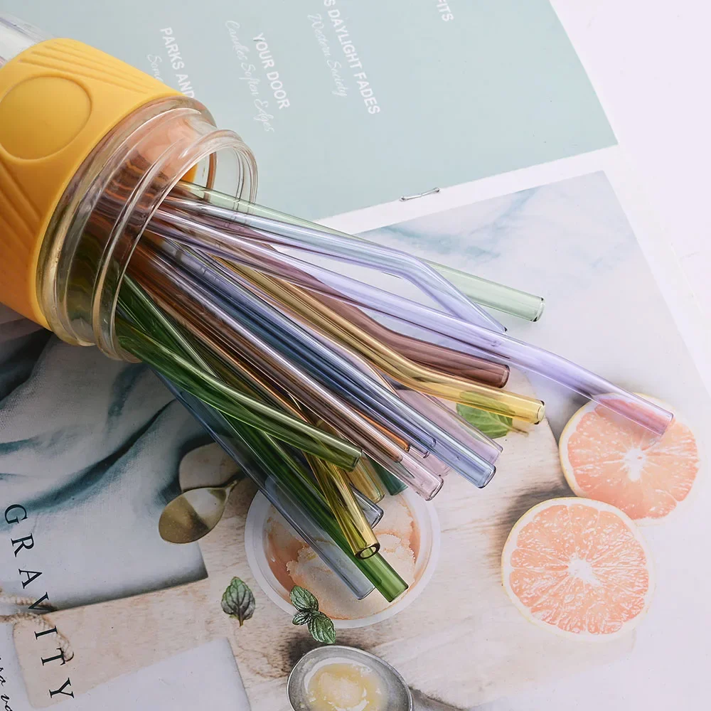 8pcs Random Colored Translucent Glass Straws Reusable Heat Resistant Glass Drinking Straw with Brush Bar Party Accessory