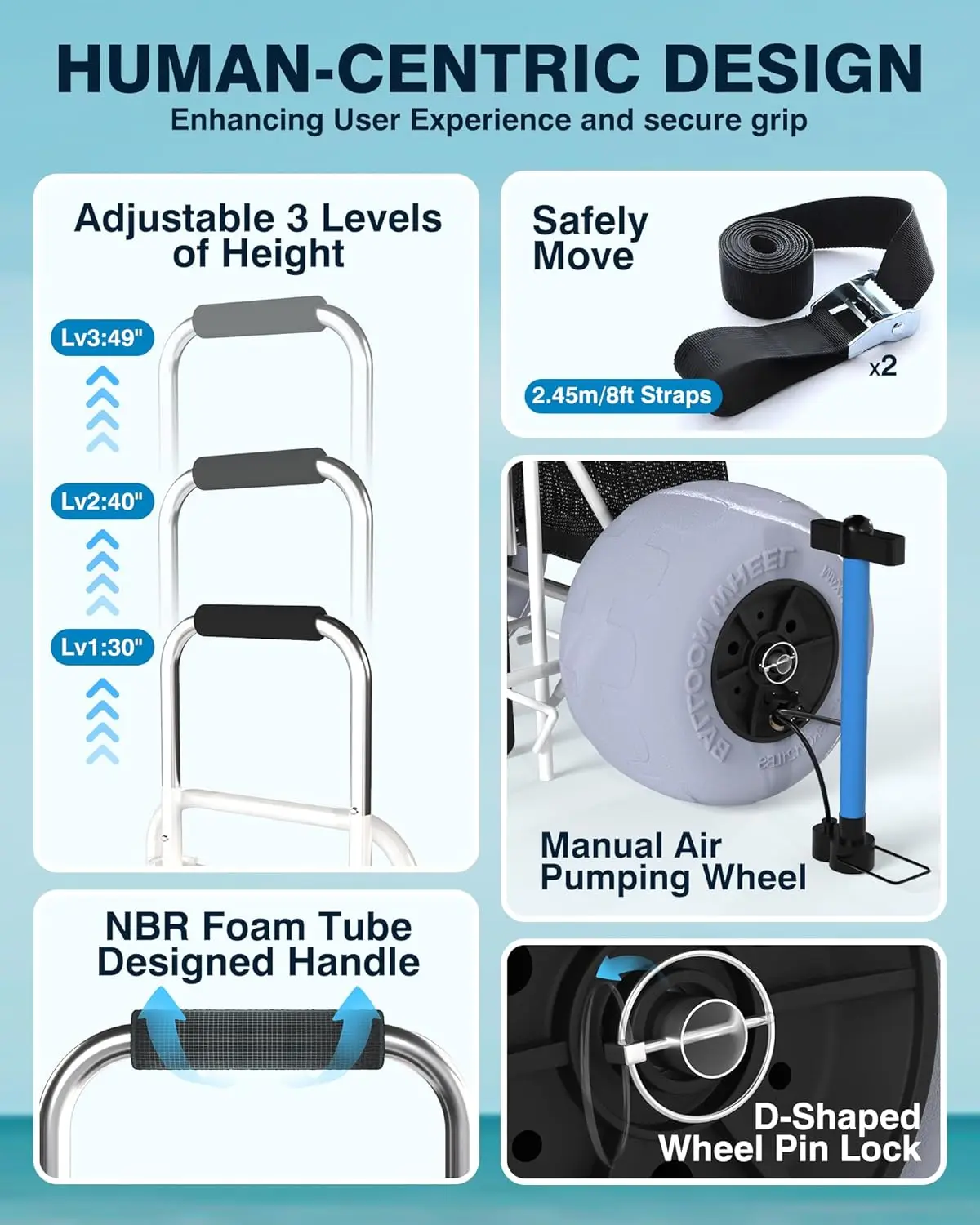 ch Cart With 13"" Big Balloon Wheels For Sand, 14.2"" X 14.4"" Cargo Deck, 242 Lbs Loading Capacity, 30""- 49"" Adjustable