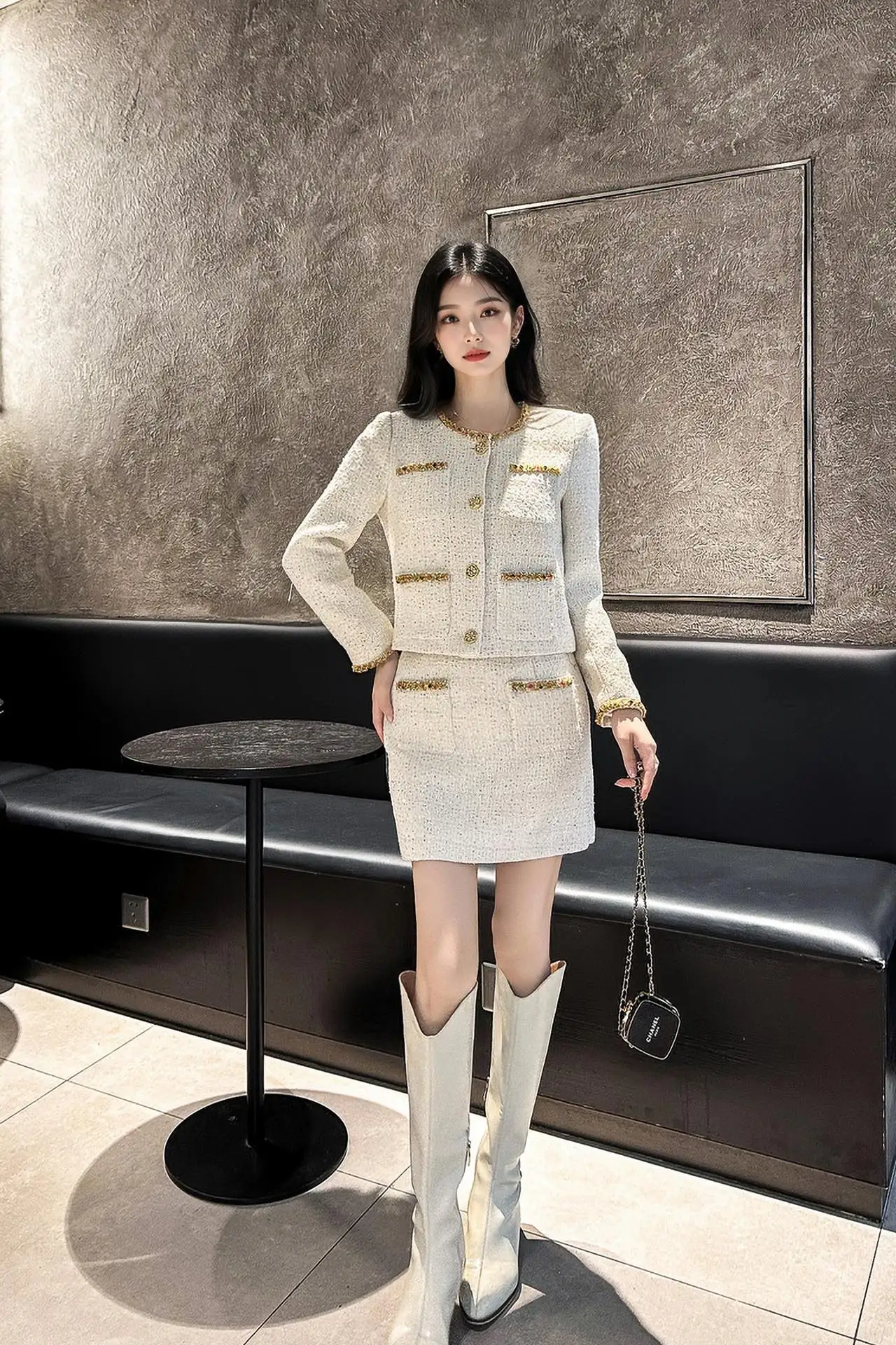 ZJYT Autumn Winter Women\'s Beading Tweed Woolen Jacket Suit with Skirt 2 Piece Set Elegant Outfit Office Lady Party Dress Sets