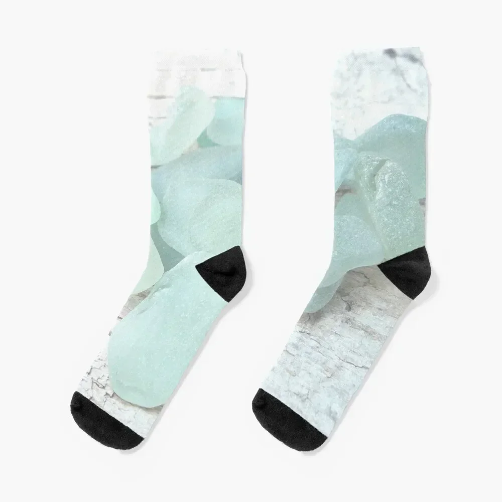 Coastal Pale Turquoise Sea Glass on Weathered Faded Light Wood - Beach Aesthetic - Photo 7 of 8 Socks