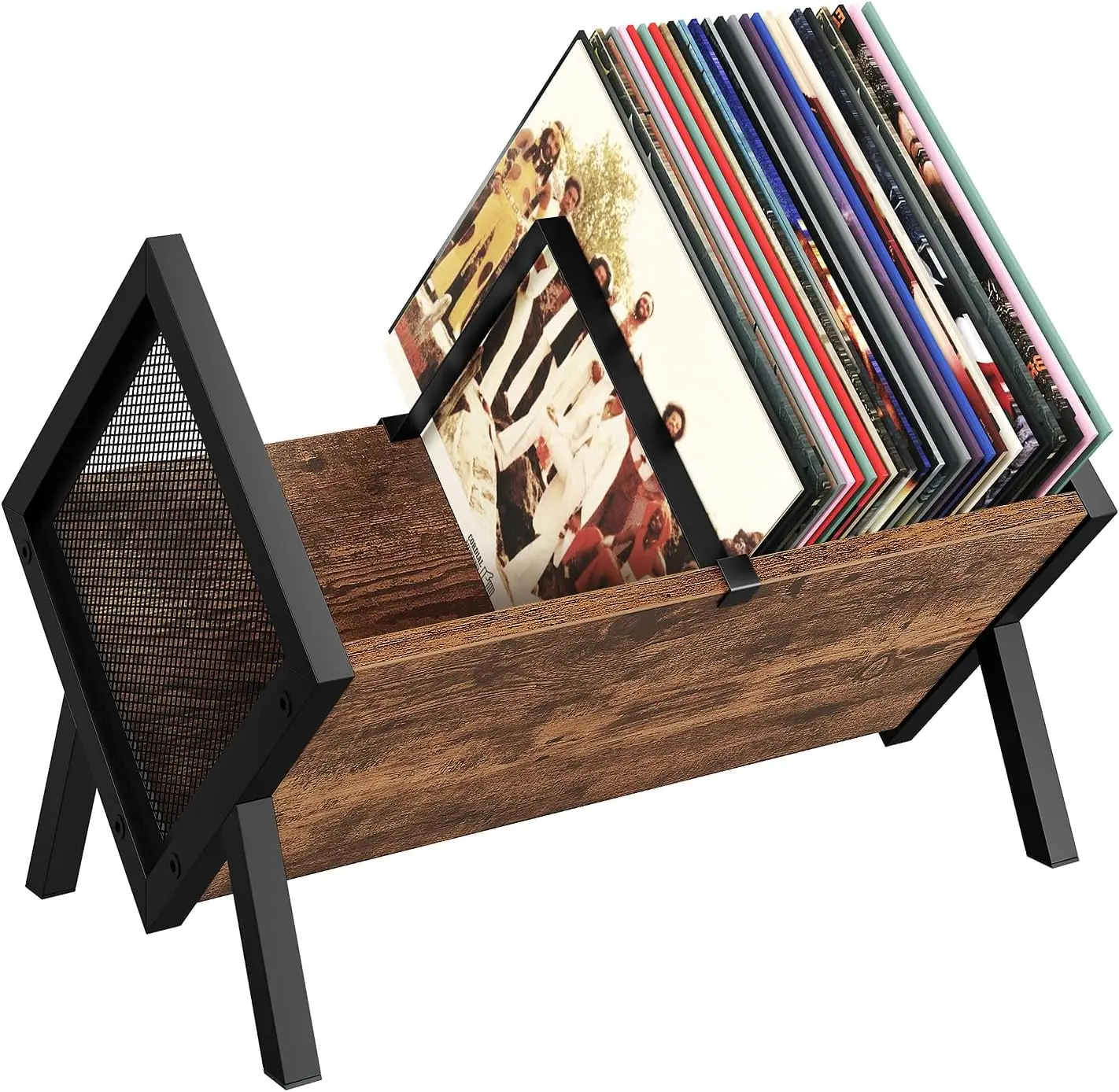 

Vinyl Record Holder and Storage Rack, Album Display Organizer for Magazines, Books, Files in Rustic Brown Black