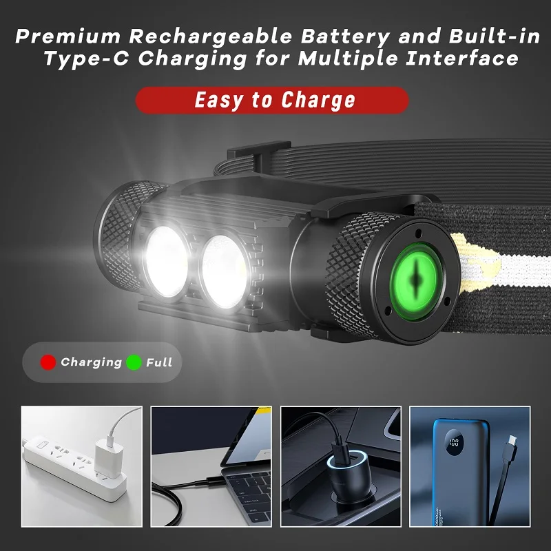 LED Headlamp Fishing Strong Waterproof Headlight Emergency Lighting USB Rechargeable 18650 Battery Outdoor Camping