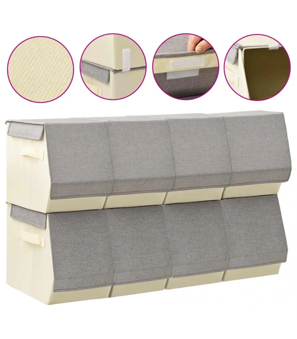 Storage baskets stackable storage boxes with lid 8 PCs fabric gray and cream