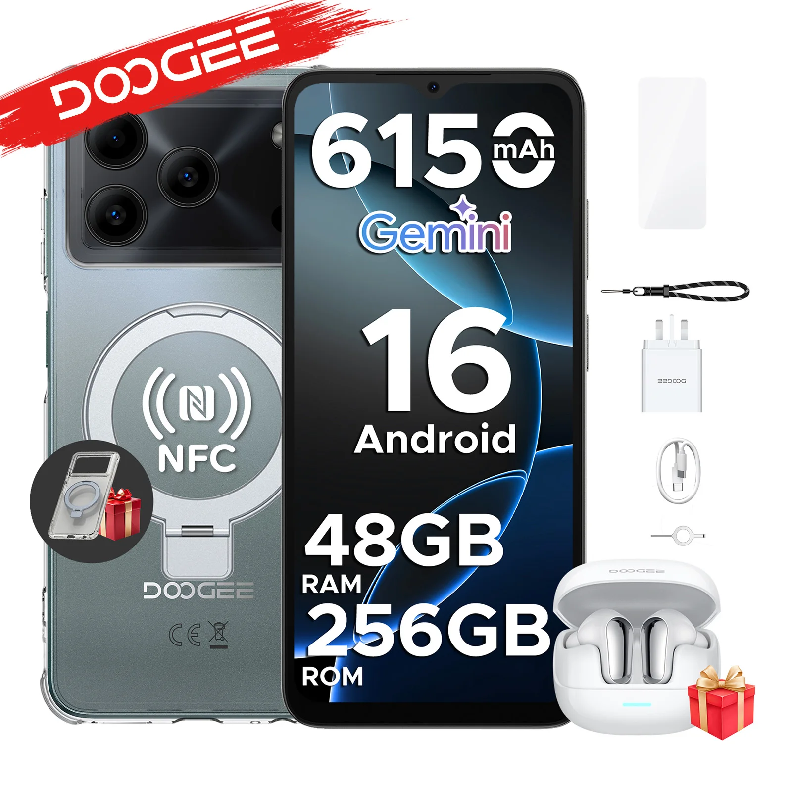 DOOGEE Note56 Plus VIP Edition Android 16 Gemini AI Smartphone 6150mAh Battery 48GB RAM(6+42) 256GB ROM 50MP Camera Mobile Phone