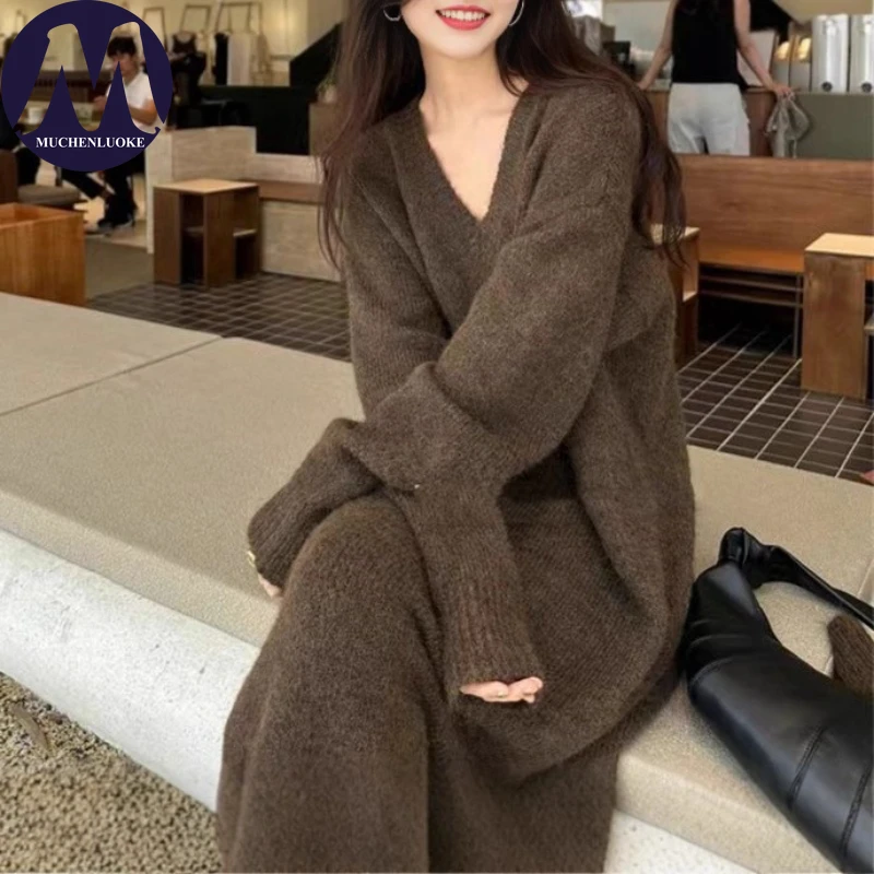 우아한 브이넥 니트 스웨터 드레스 여성용 다용도 가을 겨울 롱 캐주얼 루즈 패션 한국 스타일 스카프 포함