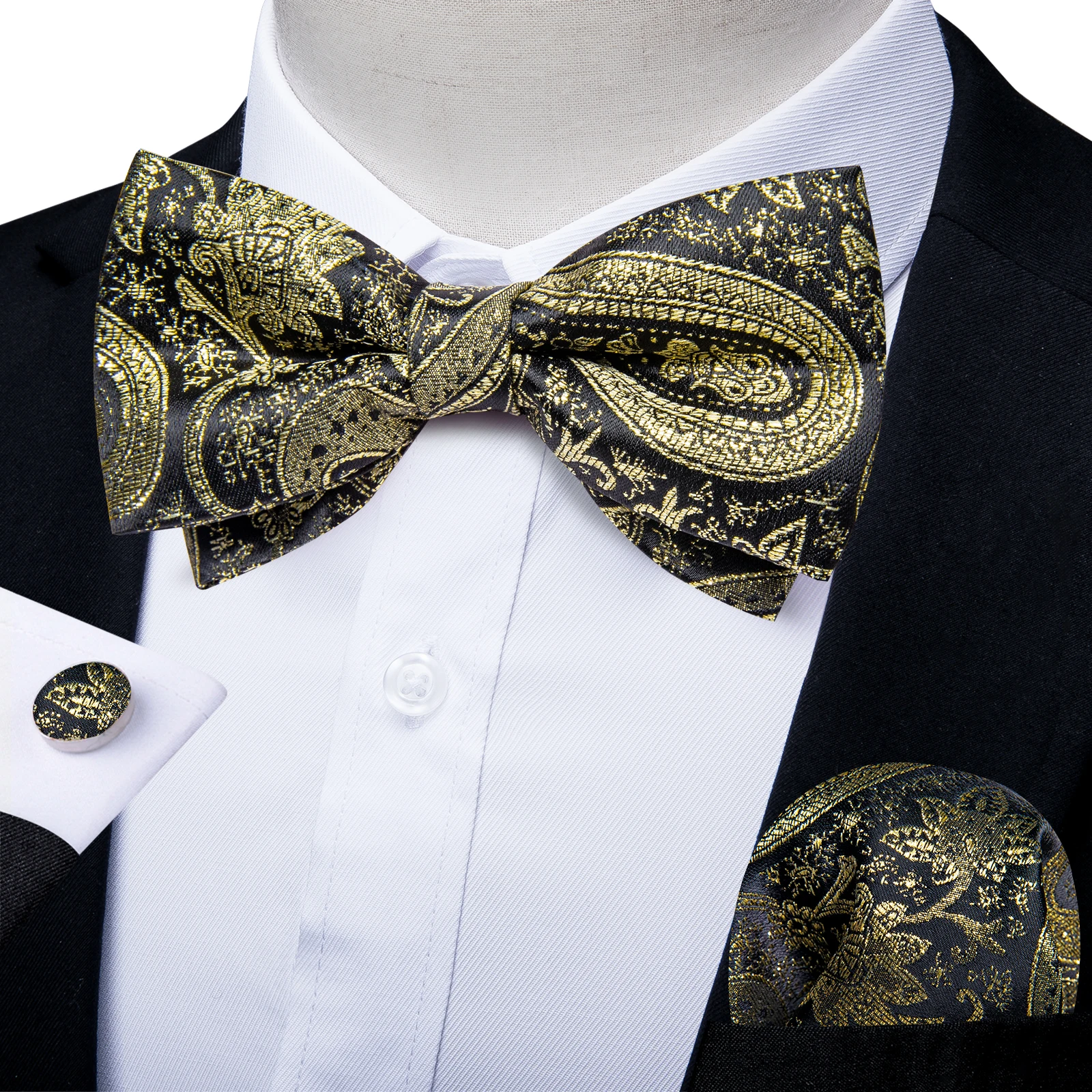 Luxury Exquisite Gold Black Bow Ties with Ring Brooch Set for Man Party Wedding Shirt Dress Accessory Fashion Pre-tied Bowties