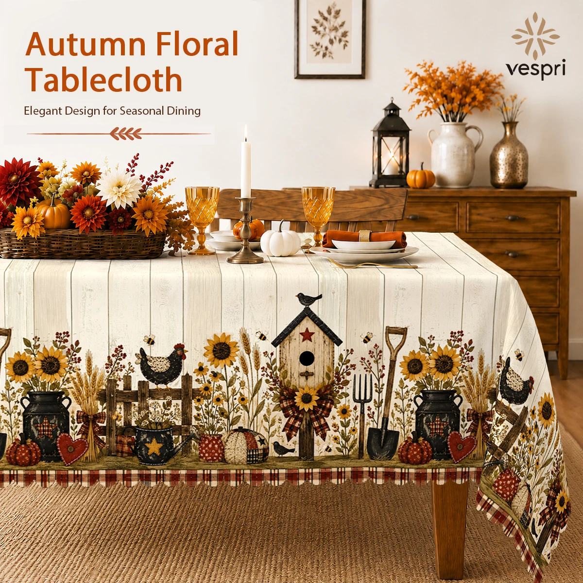 Farmhouse Tablecloth with Barns, Sunflowers, Blue Flowers for Indoor/Outdoor Camping decor, Rectangular/Round/Oval