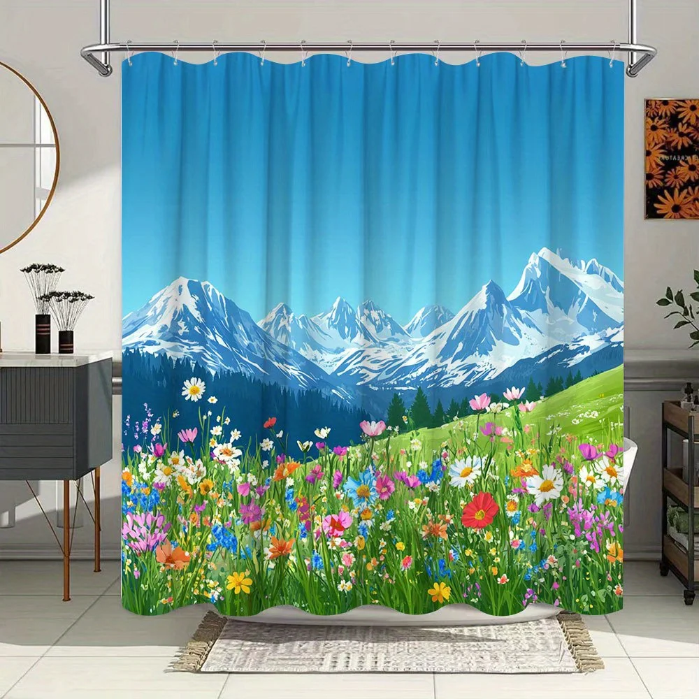 1pc Vibrant Alpine Meadow & Snow-Capped Mountains Shower Curtain - Tranquil Mountain View Design with Wildflowers, Azure Sky