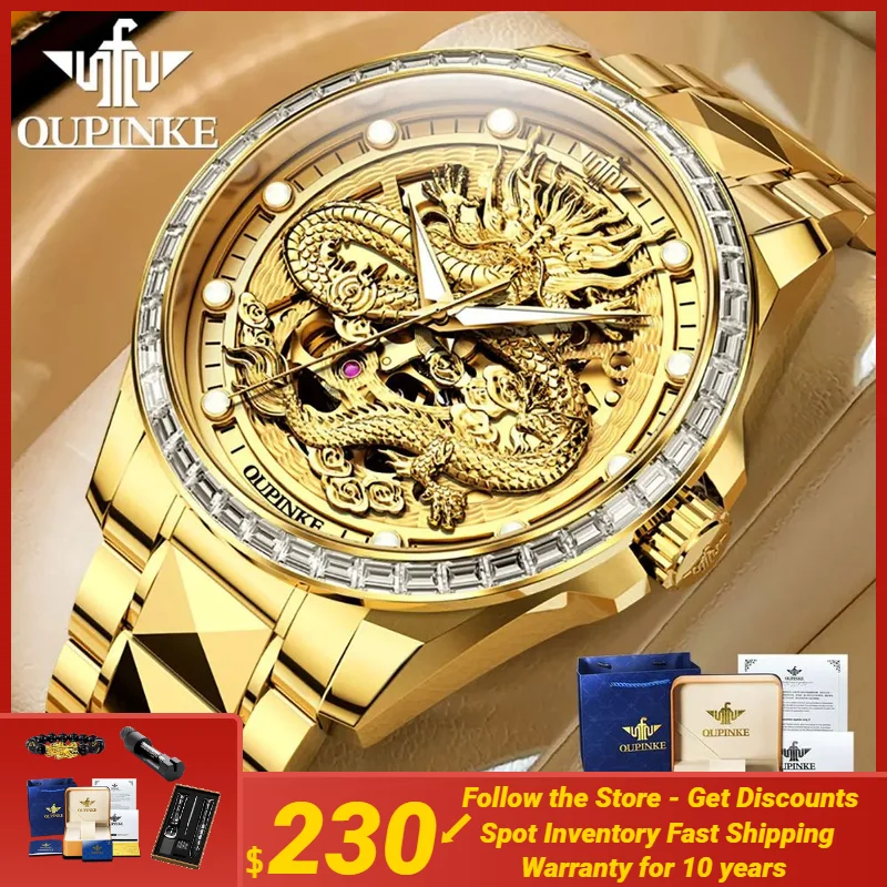 

OUPINKE Gold Dragon Automatic Watch for Men Imported Movement Sapphire Mirror Tungsten steel Skeleton Mechanical Men's Watches