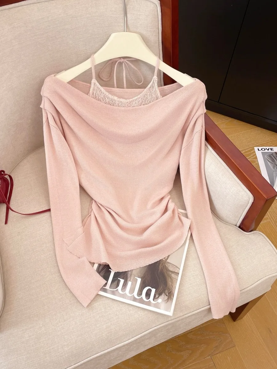 

Pink Lace Splice Ne Hanging Women's Knitted Top Spring Autumn Gathered Waist Slit One oulder Bone Knitwear Korean Sle S...
