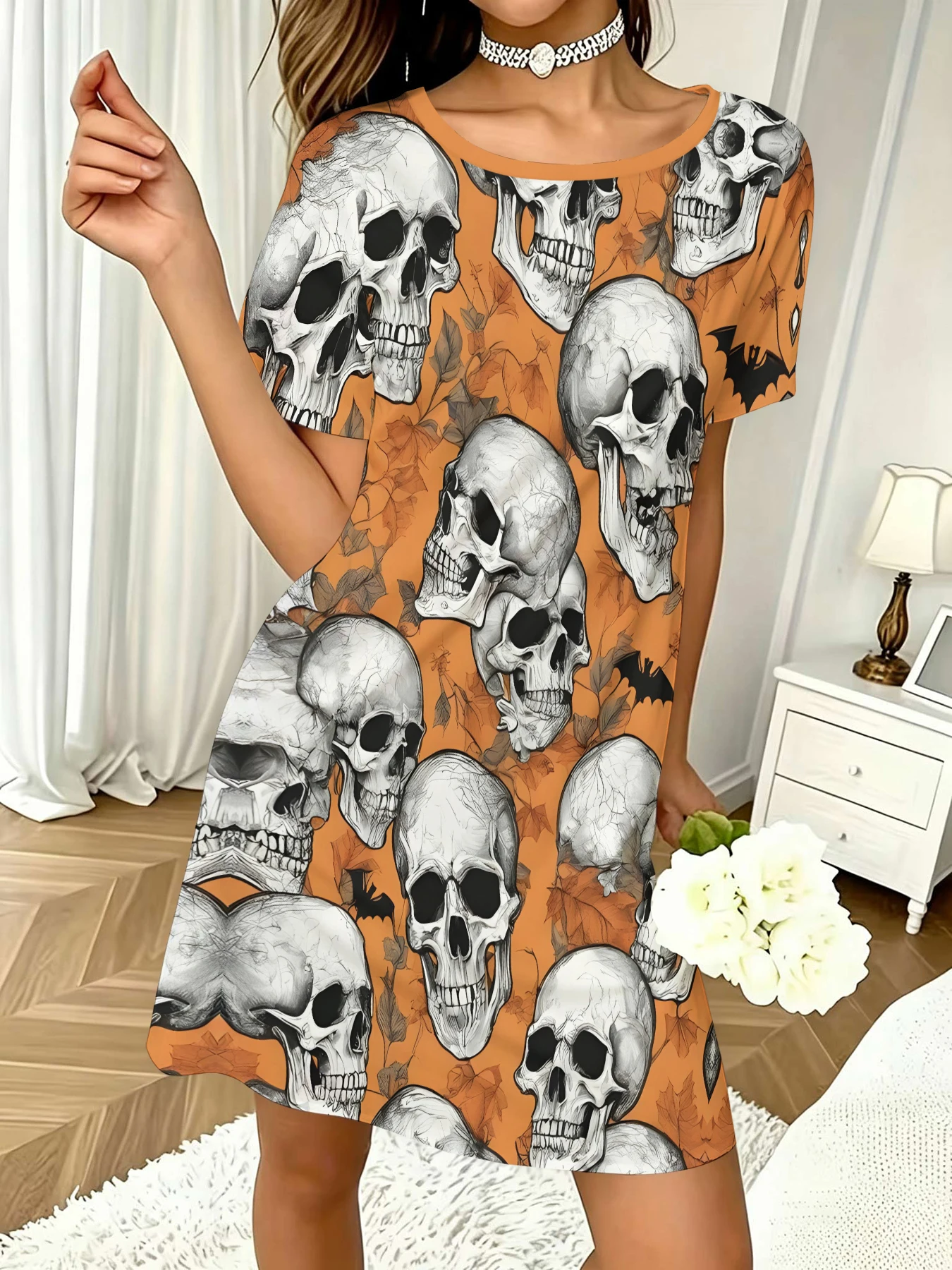Women's Round Neck Short-Sleeved Dress with Orange Background and Full Print of Sketchy Skulls and Bats, Halloween-Themed A-Line Casual Dress