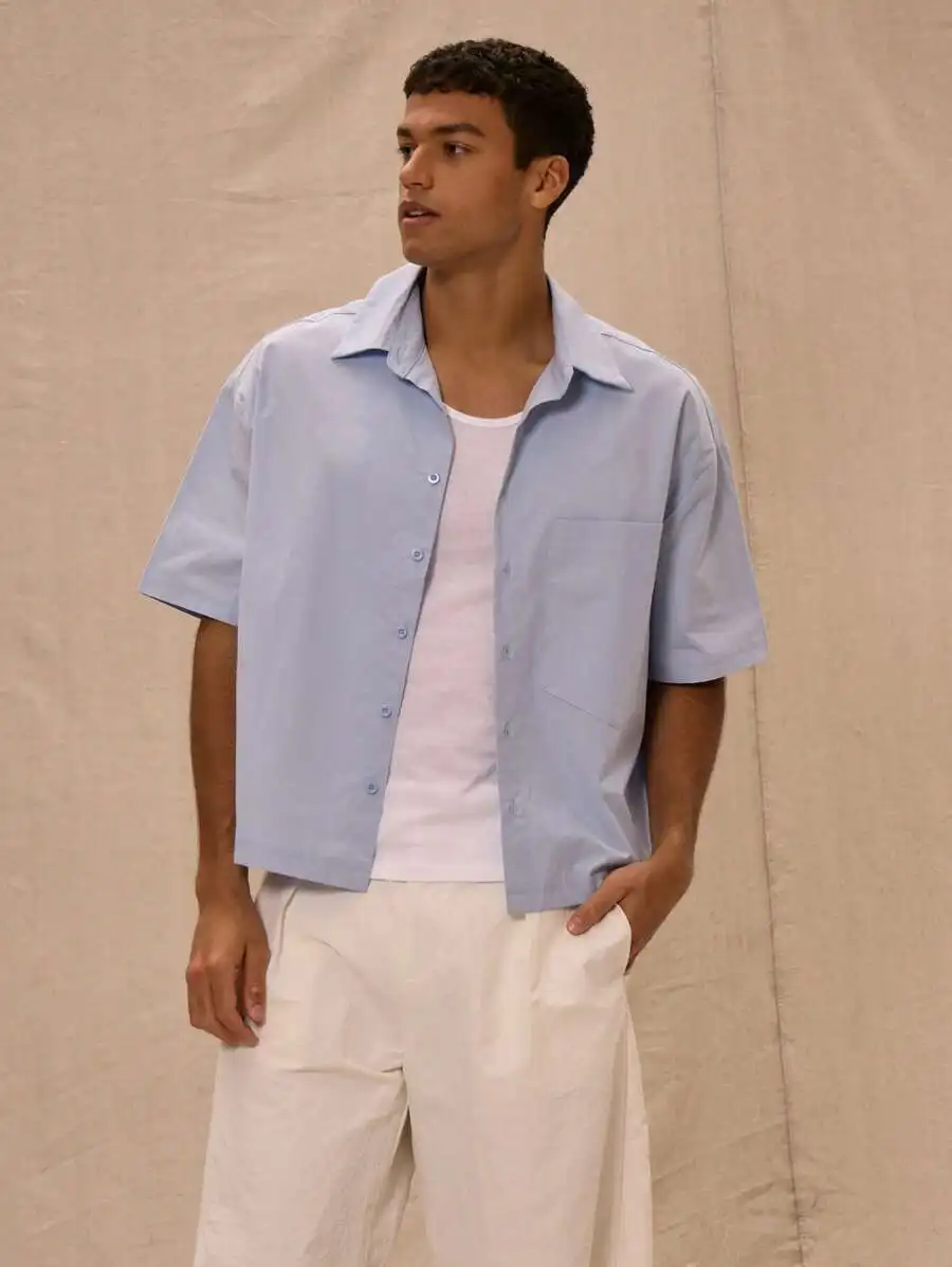

Light Blue Boxed Fit Oversized Short Sleeve Button-Up Shirt for Spring Summer
