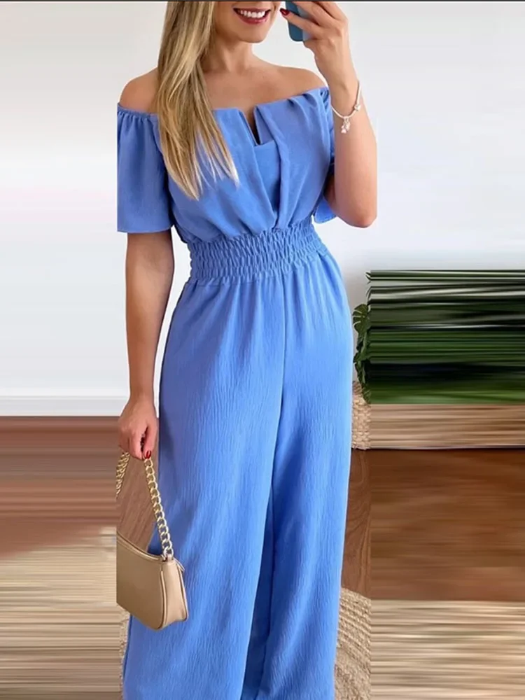 Summer New Women Sexy One Line Shoulder Solid Color Short Sleeve Jumpsuit Slim Elastic Waist Loose Straight Female Long Jumpsuit