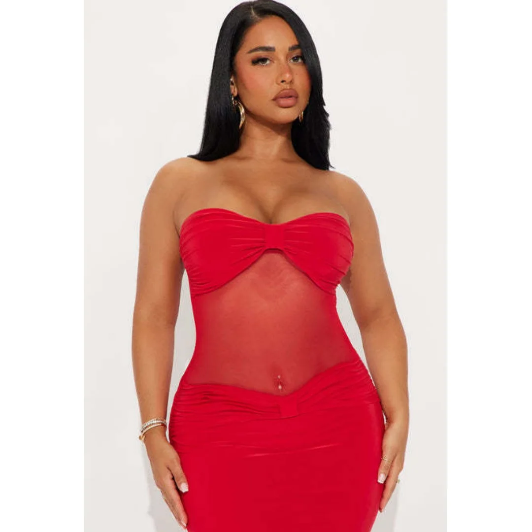 Fashion Off Shoulder Sexy Hollow Out Long Dresses Solid Slim Strapless Mesh Sheer Dress Elegant Summer Party Club Evening Gown - view 5