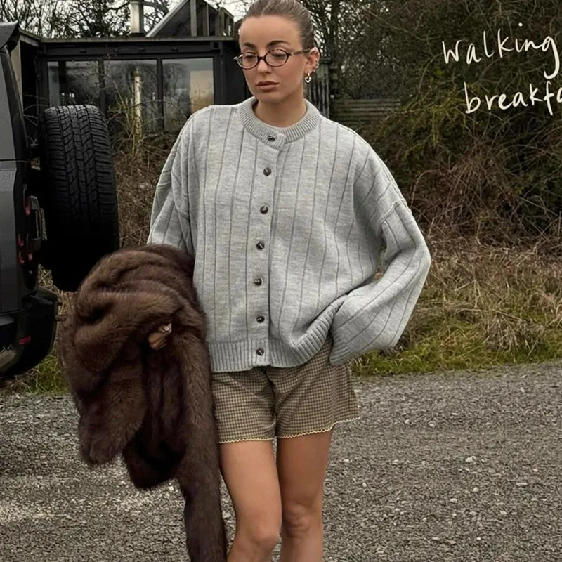 

Tuularose Grey Knitted Cardigan Fashion Casual Loose Round Neck Sweaters Autumn New Commuter Women Ribbed Patchwork Knit Top