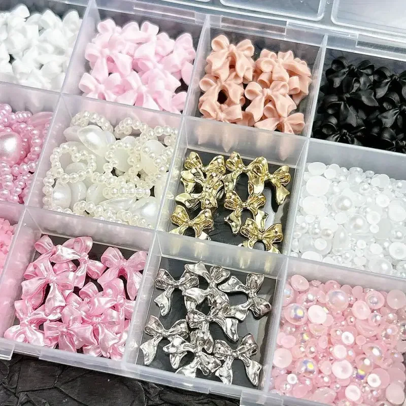 1Box Sweet Dreamy Multi-Color Resin Nail Art Charms with Bows Hearts Simulated Pearls for DIY Crafts & Party Nail Designs