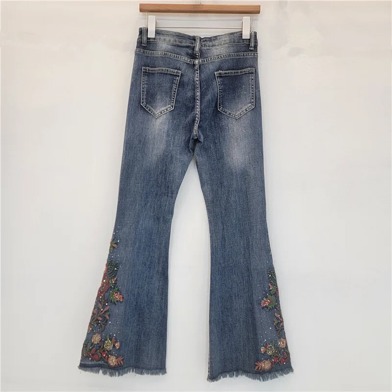 ANJY Autumn Winter New Women Fashion Embroidery Floral Beaded Flared Jeans Slim Fit Chic Tide Stretch Elegant Denim Pants A16125