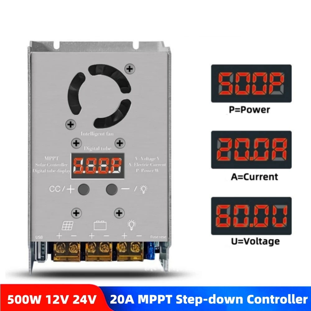 500W 20A MPPT Step-down Solar Controller 18V-80V Input Step-down Charging For 12V 24V Lead-acid/Gel/Lithium/LiFePO4 Battery