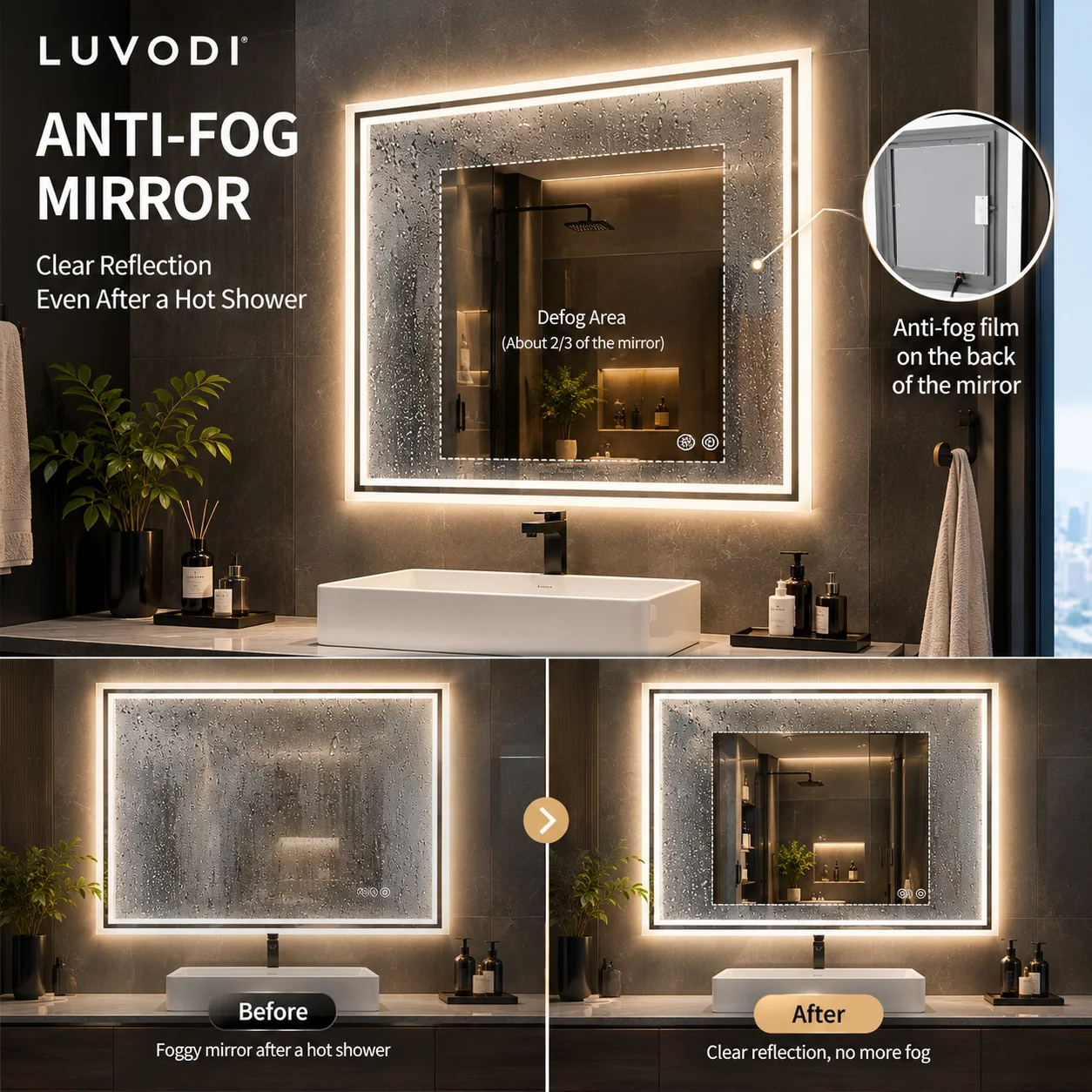 LUVODI LED Bathroom Mirror, Frameless Backlit Vanity Mirror, Dimmable 3-Color Light, Anti-Fog, Touch Sensor 5