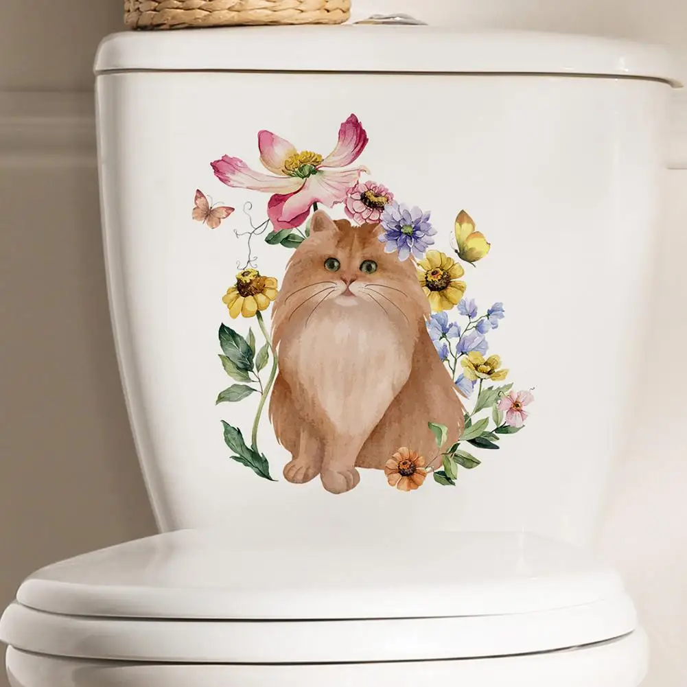 Waterproof Toilet Sticker Whimsical Cat Flower Butterflies Toilet Sticker Removable Pvc Wall Art for Room Bathroom