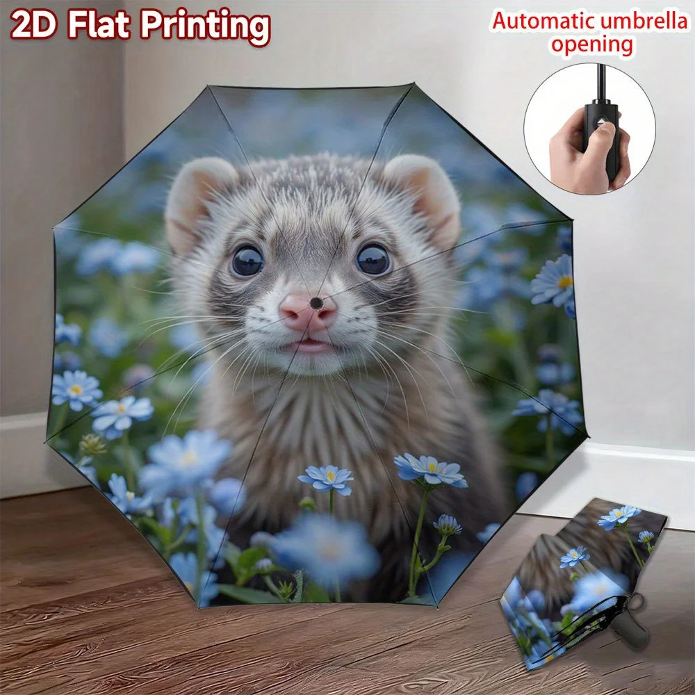 

Зонт складной компактный с 2D-печатью (не 3D), с изображением хорька среди синих цветов, для женщин, для путешествий, на каждый день - P
