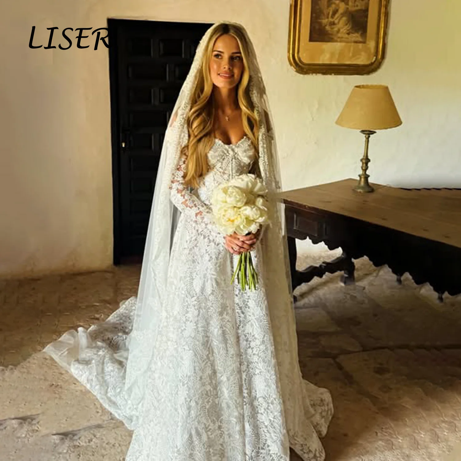 LISER Customized Ivory Sweetheart Long Floral Lace Mermaid Wedding Dress Long Train Vintage Church Classic Robe De Mariée 2026