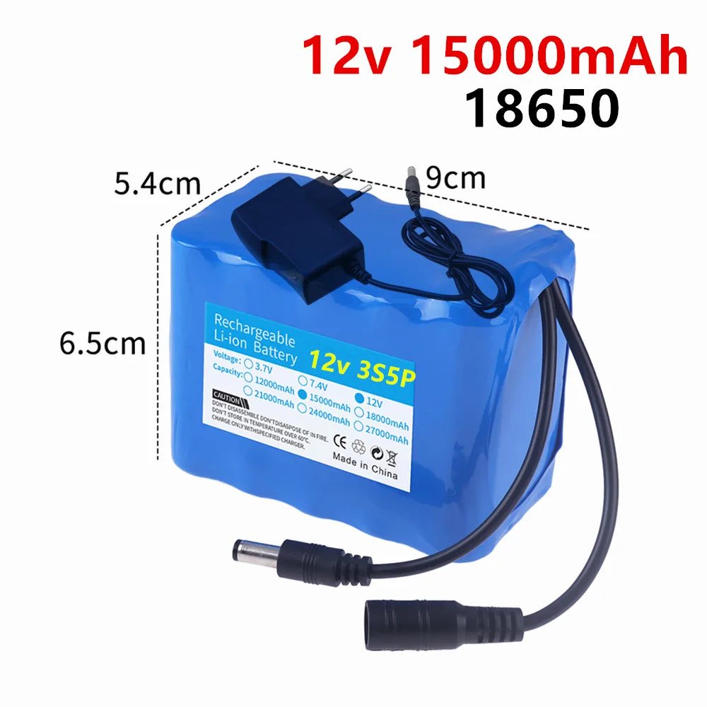 

18650 3S5P 12V 15000mAh Original Lithium Ion Battery DC 12V 15Ah Rechargeable CCTV Camera Monitor Replacement Battery+Charger