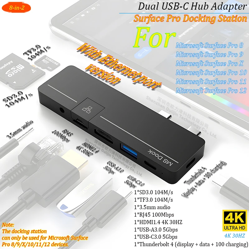 

USB-C Hub for Surface Pro 12/11/10/X/9/8 Microsoft Docking Station with 4K HDMI, Thunderbolt 4, USB 3.0, RJ45 TF,SD