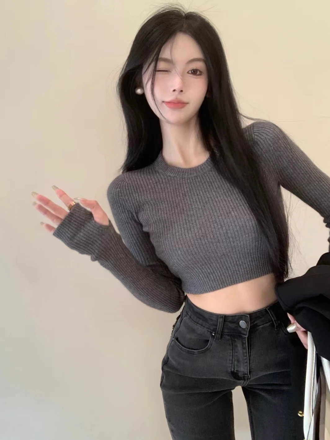 

ay Long Sve Knitted Sweater Women's Autumn Winter Slim Fit ort Sle Belly Baring Faionable Tight Base irt Trendy Top
