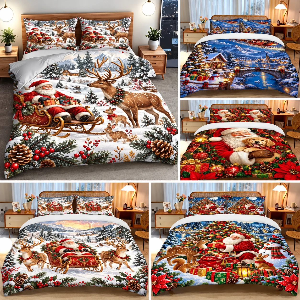 Santa Claus, Sleigh, Reindeer, Christmas Gift Set, Three-Piece Bedding Set (1*Duvet Cover + 2*Pillowcases), Festive Party Atmosphere Decoration, Suitable for All Seasons, Machine Washable, Invisible Zipper Design, Large Double Bed Cover Set, Suitable for Home, Dormitory, Master Bedroom, Guest Room, Ins-Style Japanese Floral and Animal Pattern Bedding, Specially Designed for Comfort and Skin-Friendly Bedding, Bedroom Decoration and Sleep Essentials, 2D Flat Print