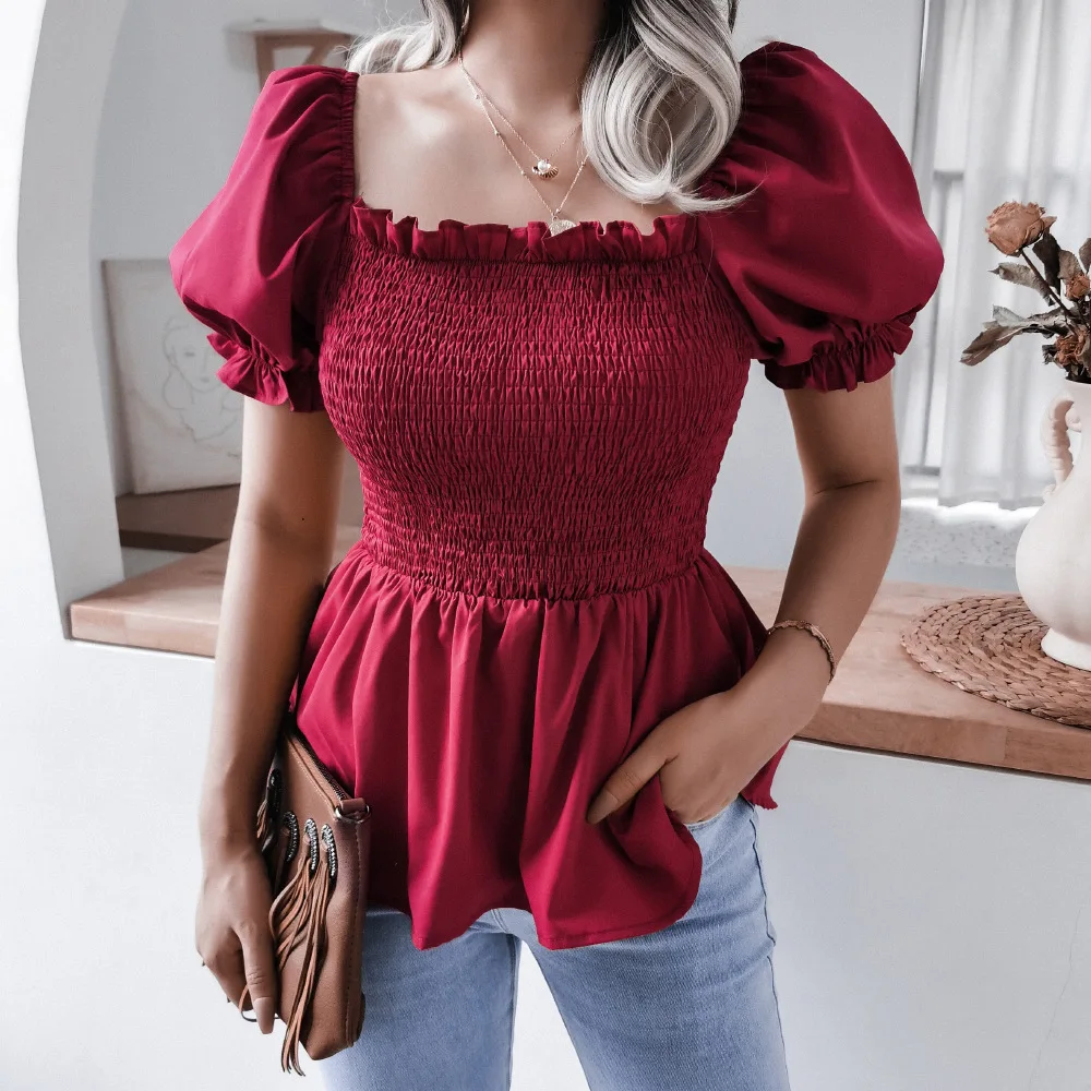 Women's Square Neck Puff Sleeve Blouse - Smocked Bodice Ruffle Peplum Hem Casual Tops for Daily Wear